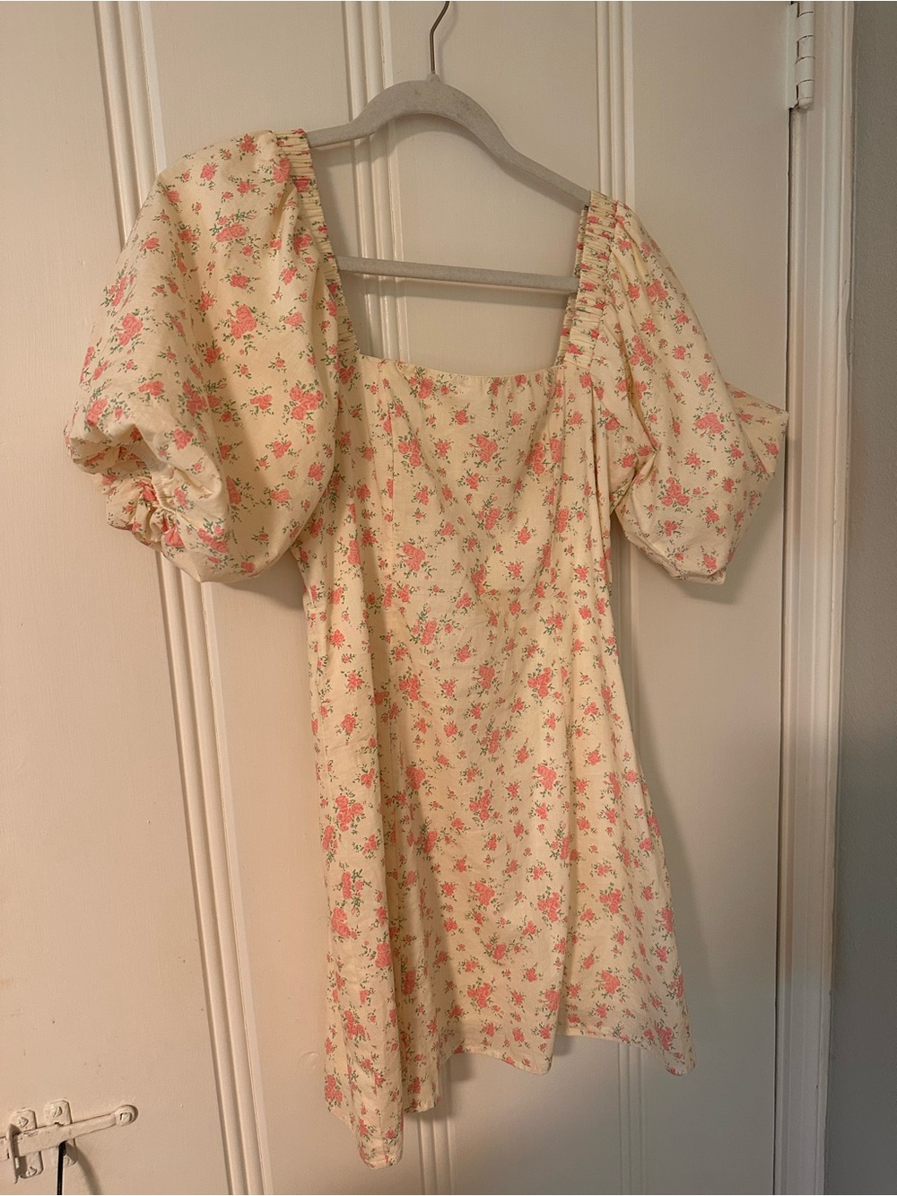 Cream Mini Dress with Pink Floral Print and Puff Sleeves